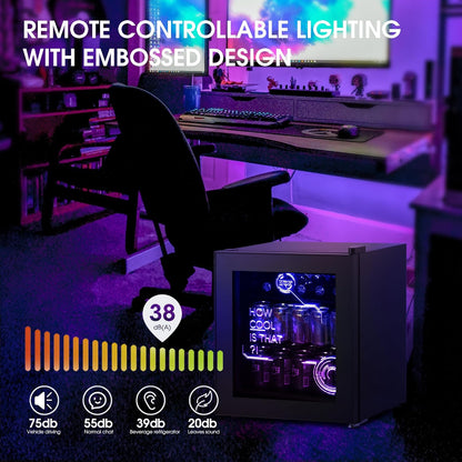 HCK 48L Cyberpunk Bierkoelkast met Moderne RGB Verlichting, Mini Koelkast met Glazen Deur, Dranken Koelkast Gaming Koelkasten, 0-15°C Regeling, voor Slaapkamers, Gaming Room, Feesten, Zwart
