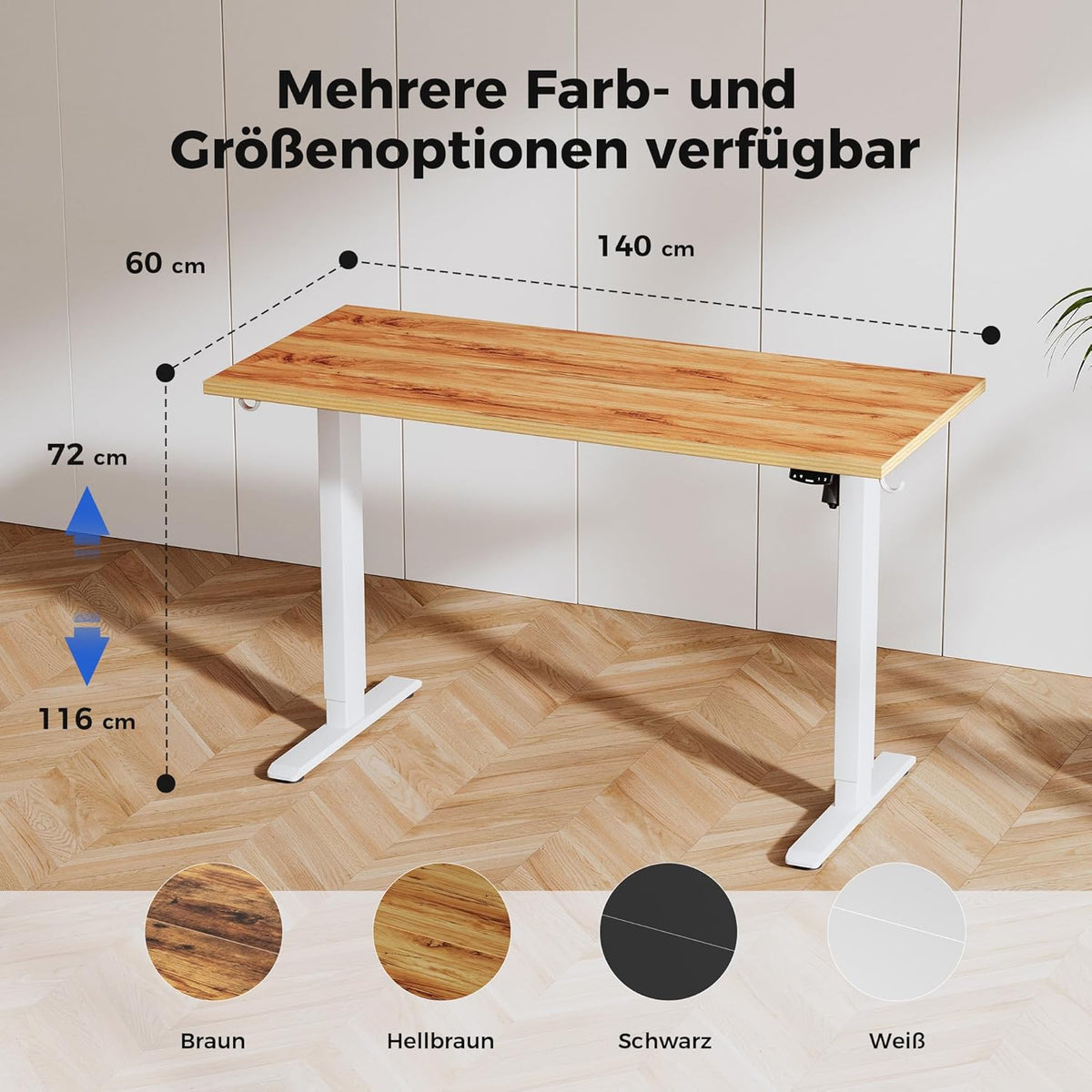Agilestic In hoogte verstelbaar bureau 140 x 60 cm, stabiel bureau met elektrische hoogteverstelling en handmatige bediening met geheugen, ergonomisch bureau om staand of zittend te werken, lichtbruin