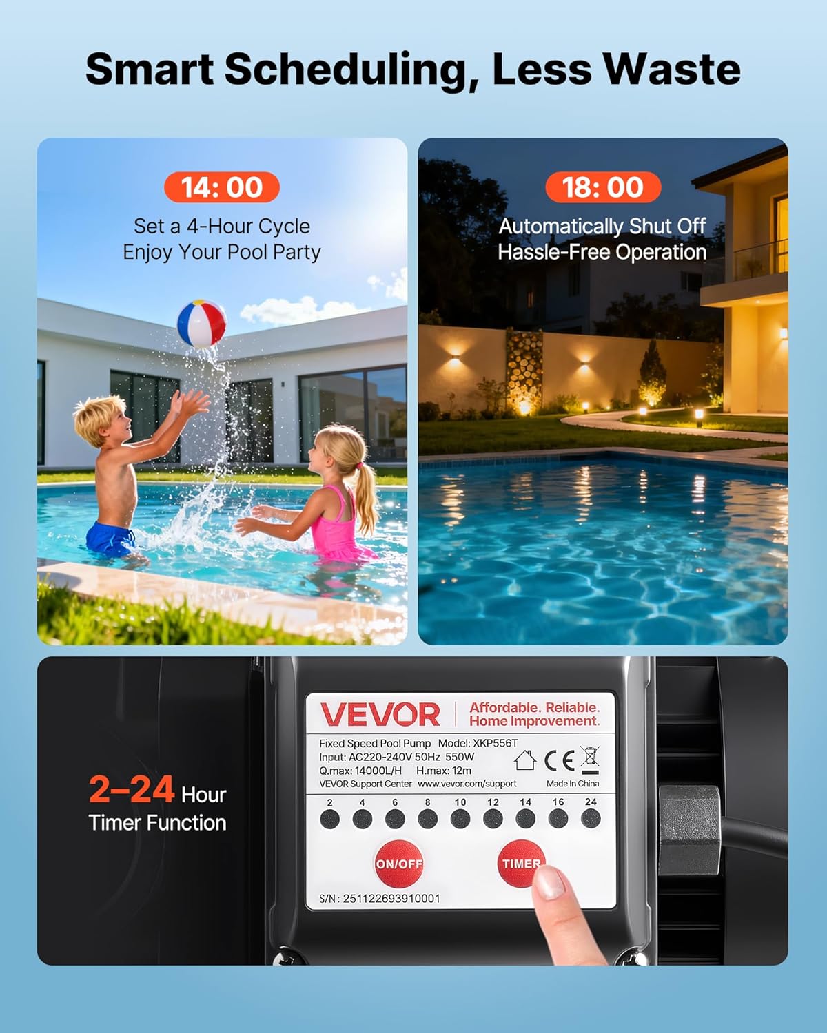 VEVOR Zwembadpomp 550 W, filterpomp max. 14.000 l/u, eentraps zwembadpomp, 3450 tpm, opvoerhoogte max. 12 m, met 24-uurs timer en filtermand, voor