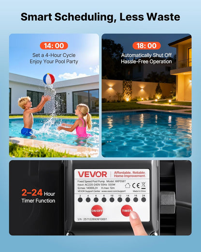 VEVOR Zwembadpomp 550 W, filterpomp max. 14.000 l/u, eentraps zwembadpomp, 3450 tpm, opvoerhoogte max. 12 m, met 24-uurs timer en filtermand, voor