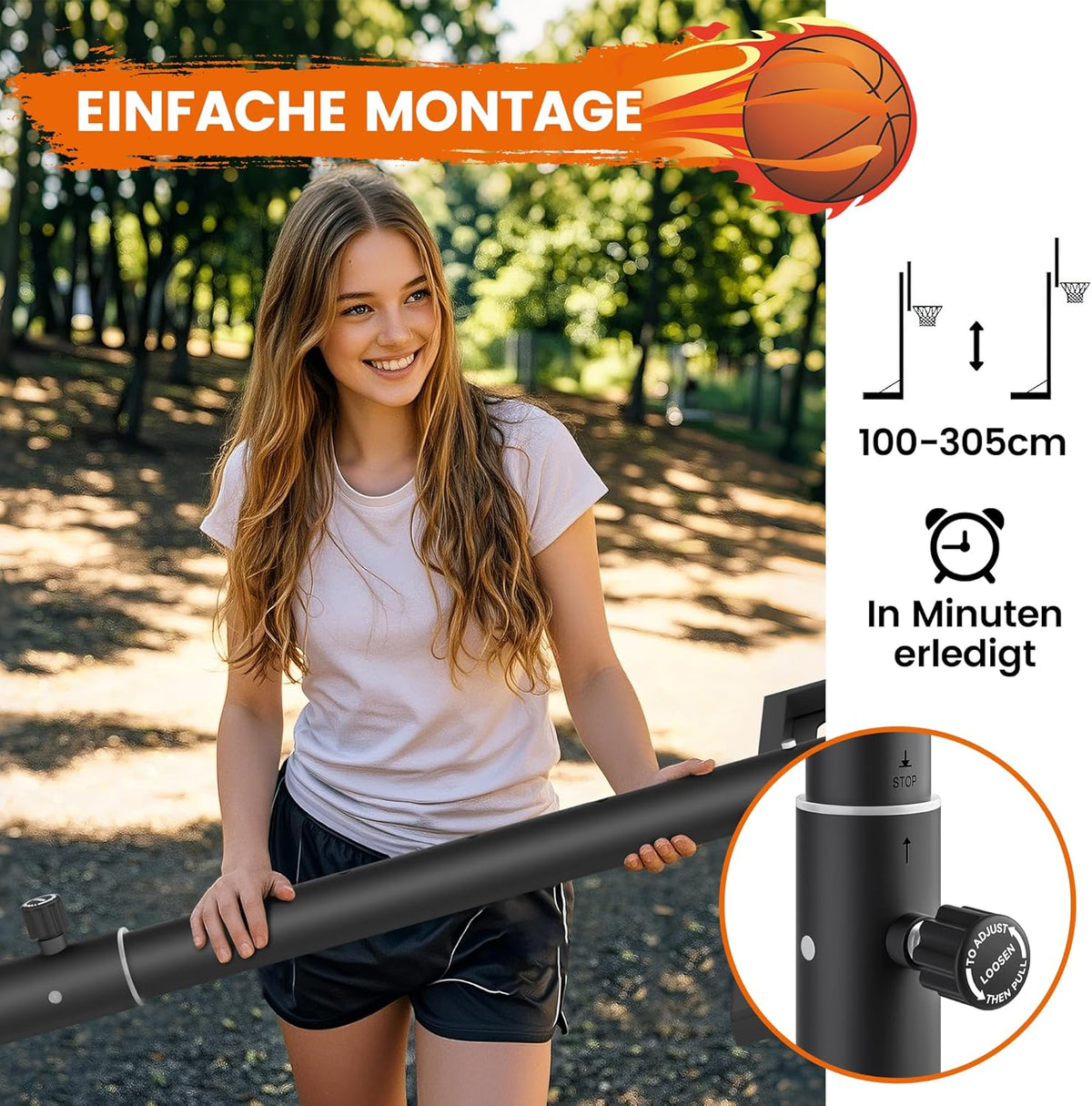SAMAX Basketball Stand Basketball Ring Height Adjustable 100-305cm with Wheels & Net - Portable for Kids, Teens & Adults - Indoor/Outdoor Use, Sturdy Base & Board - QUORE