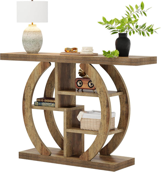 Tribesigns Console Table 108 cm, 4 Step Sofa Table, Entrance Table with Circle Base, Wooden Accent Tables with Storage, Shelves for Living Room, Hallway, Foyer, Light Oak Brown