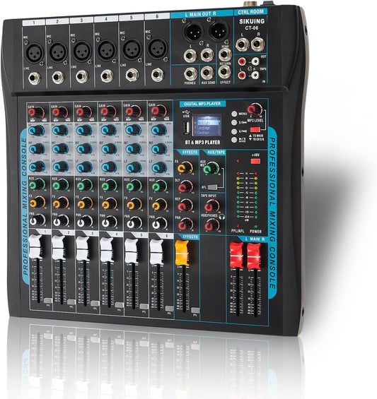 Audio Mixer – 6-Kanaals Mengpaneel – DJ-Mixer – Audiomixer – Mengtafel – 16 DSP-Effecten – USB/Bluetooth – 48V Fantoomvoeding