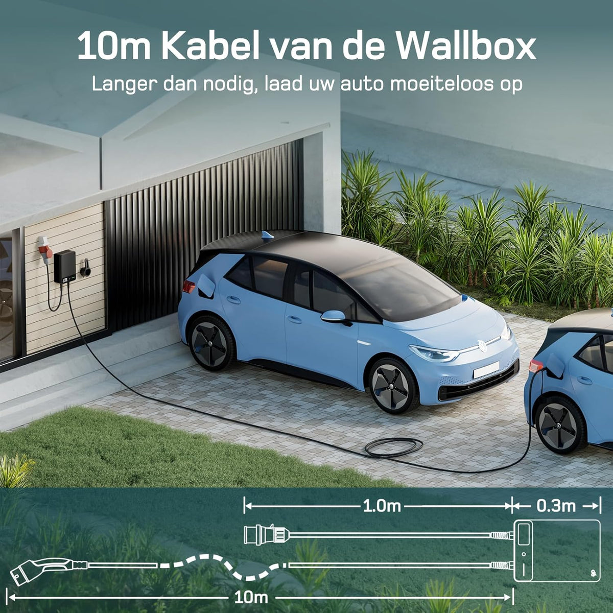 Wallbox 22 kW – EV Oplader – Laadstation Elektrische Auto – Type 2 Laadpunt – 3-Fase Lader – 10 Meter Kabel – Instelbare Laadstroom – Type B Aardlekschakelaar – IP54 Waterbestendig