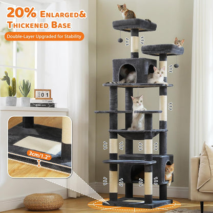 PAWZ Road Scratching Post for Large Cats, Stable 205 cm Scratching Post for Large Cats with Hammock, 7 Sisal Posts, Large Sitting Pole, Caves, Baskets, High Scratching Post for Indoor Cats, Dark Grey - QUORE