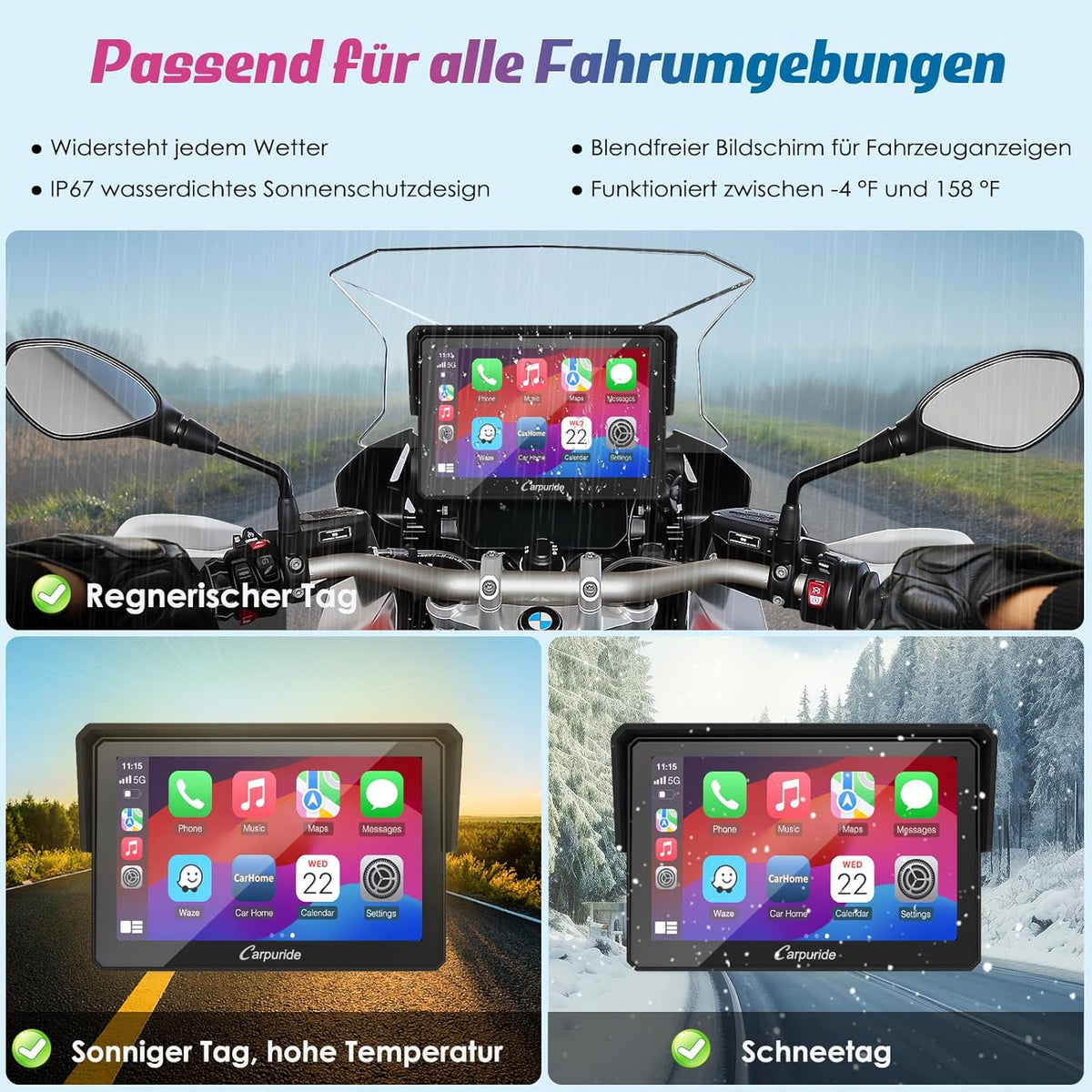Carpuride w502b Motorfiets Carplay Scherm voor BMW R1200GS R1250GS S1000XR Motorfiets, 5 inch Waterdicht Touchscreen, Draagbare Carplay/Android Auto GPS Navigatie voor Motorfiets, Dual Bluetooth