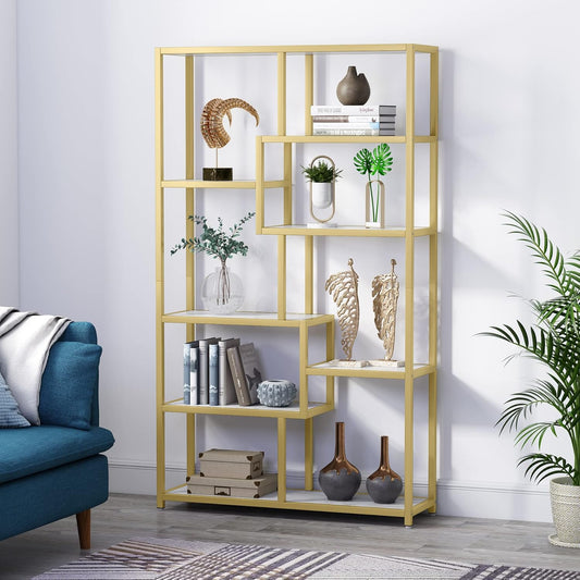 Tribesigns 8 Open Level Bookcase Gold Marble Look Modern Bookcase Organizer for Home Office