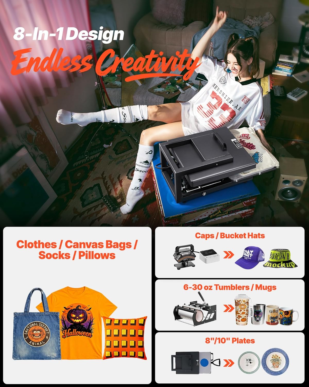 VEVOR Hybride warmtepers, 15 x 15 inch, 8-in-1 multifunctioneel, snel en gelijkmatig opwarmen, gloednieuw gepatenteerd ontwerp, eenvoudig te bedienen, sublimatiepersmachine voor T-shirts, mokken