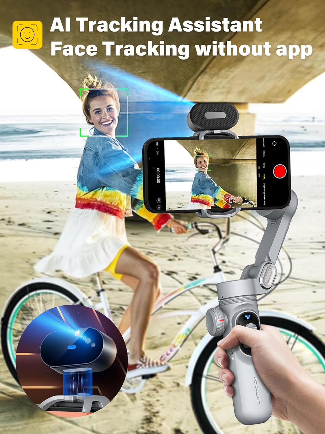 Gimbal Stabilizer voor Smartphone AI-tracking (geen app), 3-assige gimbal met OLED-display/ingebouwd licht, stabilisator voor iPhone en Android, AOCHUAN X Pro Grey AI-versie