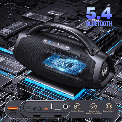 W-KING Bluetooth-luidspreker luid, draagbare draadloze luidspreker met 120W subwoofer, 50W*2 woofers, 15W*2 tweeter, 40Hz massieve bas, IPX7 waterdicht, APP, BT5.4, stereo-koppeling, OTG, grote