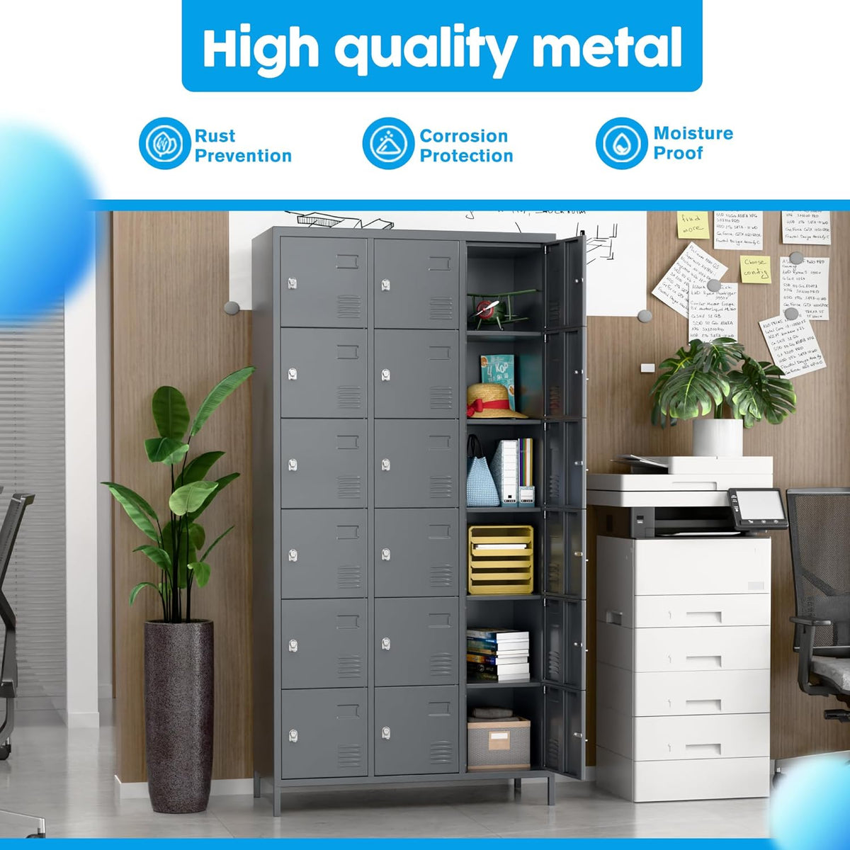 18-Pocket Metal Locker, Metal Wardrobe with Ventilation Slots for Workers, Sports Hall, School, Office (Dark Grey) - QUORE