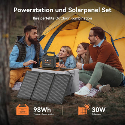 MARBERO Portable Power Station 98Wh met 30W opvouwbaar zonnepaneel, 150 W zonne-generator, outdoor batterij met DC-uitgangen voor camper, road trip, avontuur, camping, thuis, stroomuitval