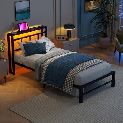 Bed 90 x 200 cm met lattenbodem van metaal, bedframe, 90 x 200 cm, met ledverlichting, metalen bed met stopcontact en 2 USB-oplaadfuncties, metalen bed met houten hoofdeinde, opbergruimte, bedframe