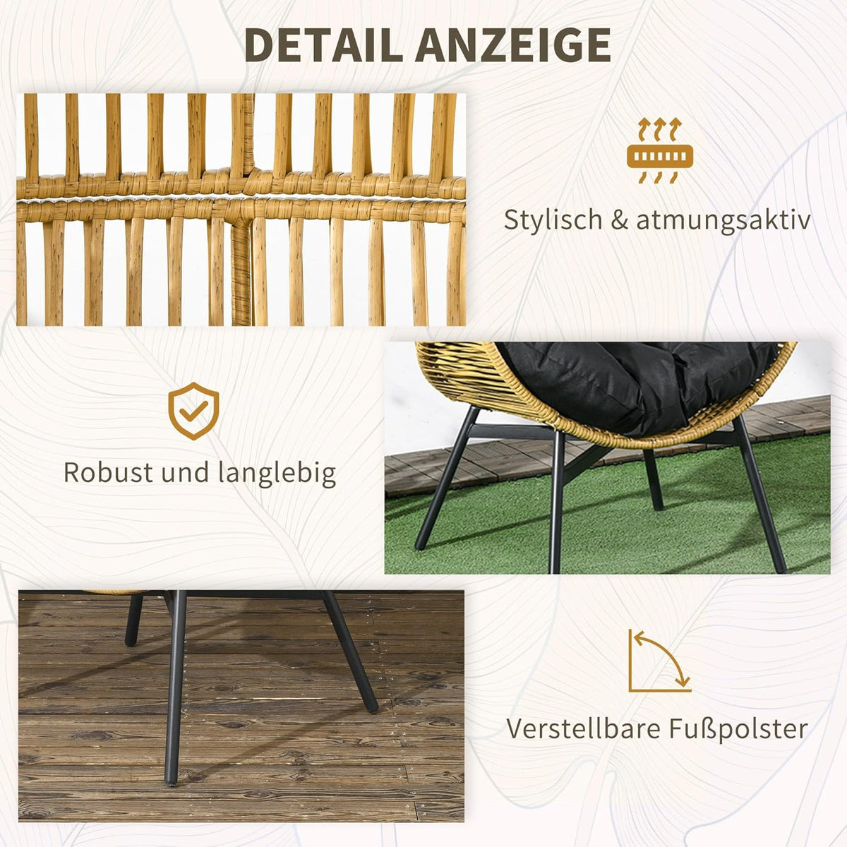 Outsunny Rattan Chair Rattan Wicker Chair with Thick Seat Cushion Egg Garden Chair 120 kg Load Capacity for Patio, Garden, Sand - QUORE