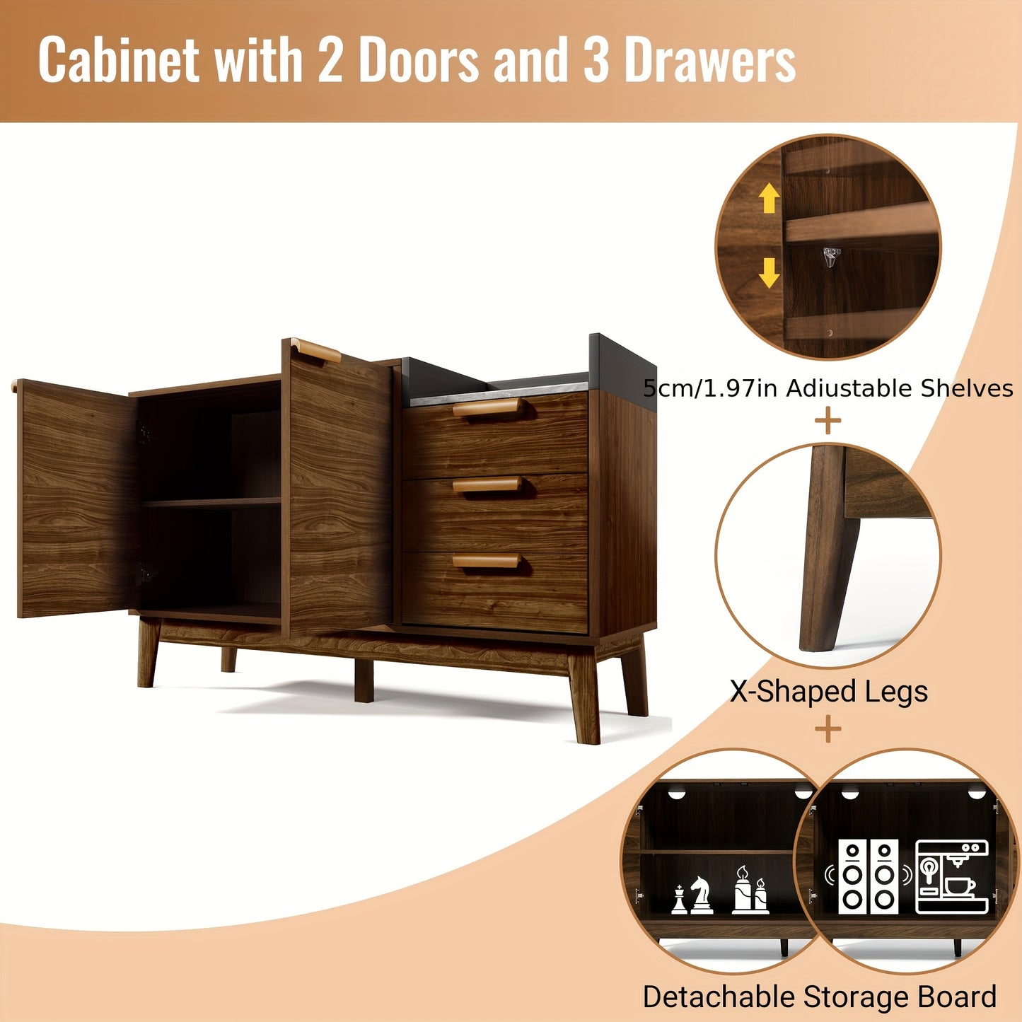 Opbergkast – Kast – Opbergmeubel – Dressoir – Kastje – Modern Klassiek – Bamboe Met Marmerlook Blad – Vrijstaand Ruimtebesparend Bruin