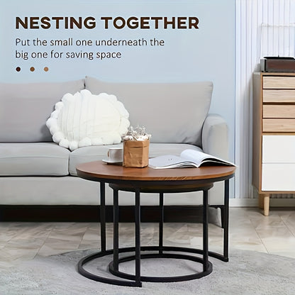 Ronde Salontafel Set – Bijzettafel – Nesting Tafels – Slaapkamer Tafels – Woonkamer Tafels – Industrieel Design – Metaal & Hout – Espresso Bruin – Ruimtebesparend & Duurzaam