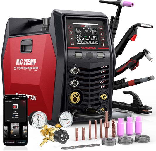ARCCAPTAIN MIG205MP 9-in-1 iControl App-besturing MIG‑lasapparaat, plasmasnijder, puls‑MIG/flux‑core/spool gun/DC HF/Lift TIG/Clean/MMA‑aluminium lasapparaat, 230 V, meervoudig lasapparaat