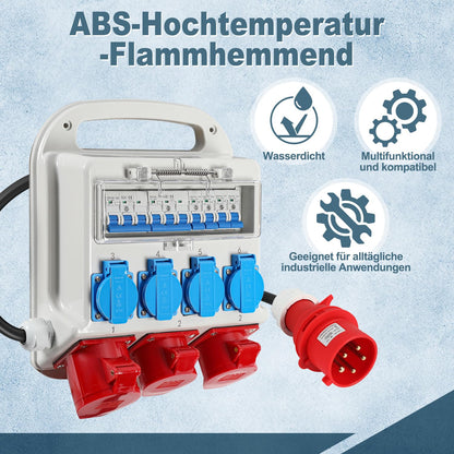 Stroomverdeler bouwstroomverdeler, 2xCEE 400V/16A 1xCEE 400V/32A 4x230V, bouwverdeler met stroomschakelaars, met 1,2 meter voedingskabel, voor bouwplaatsen