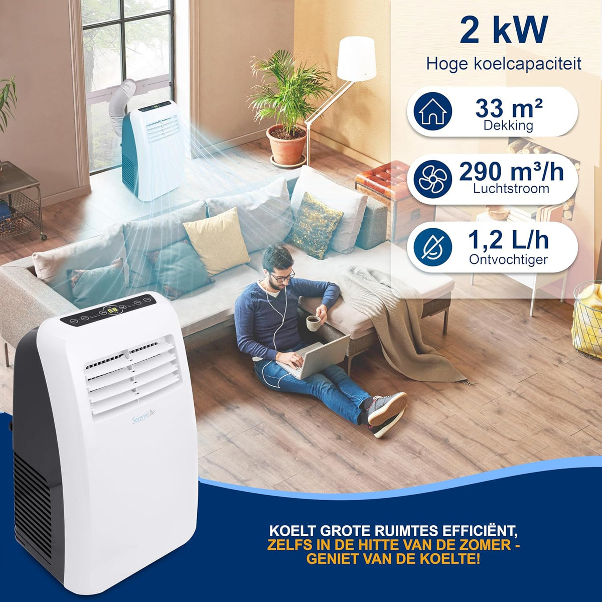 Mobiele Airconditioner Wit – Draagbare Airco, Mobiele Airco, Airconditioner, Airco Zonder Vaste Installatie – 7000 BTU Voor Ruimtes Tot 32 M² – 3-In-1 Koelen, Ontvochtigen En Ventileren