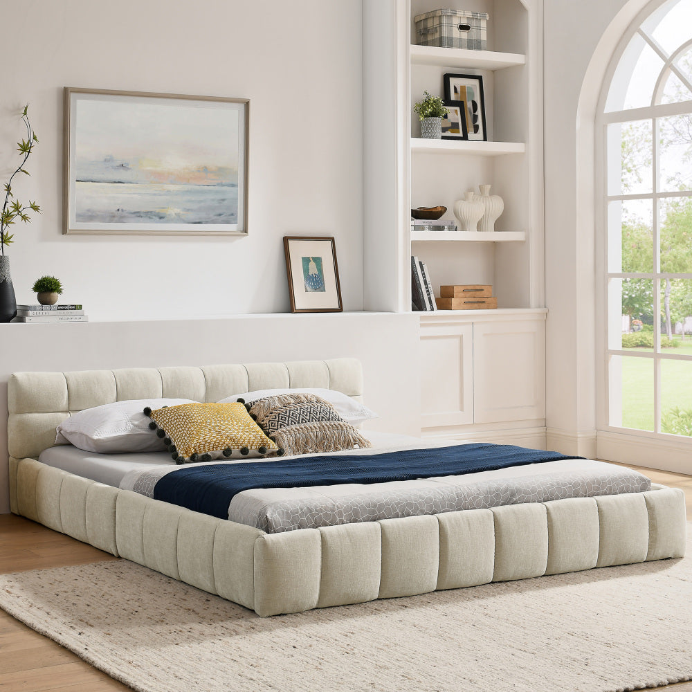 Tweepersoonsbed – Bed – Slaapbed – Bedframe – Ledikant – Beige Chenille Bekleding – 160x200 cm – Stevig Eucalyptushout en IJzeren Frame