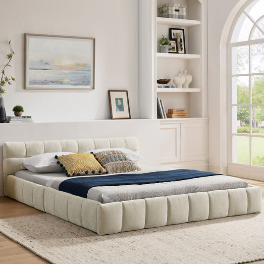 Tweepersoonsbed – Bed – Slaapbed – Bedframe – Ledikant – Beige Chenille Bekleding – 160x200 cm – Stevig Eucalyptushout en IJzeren Frame