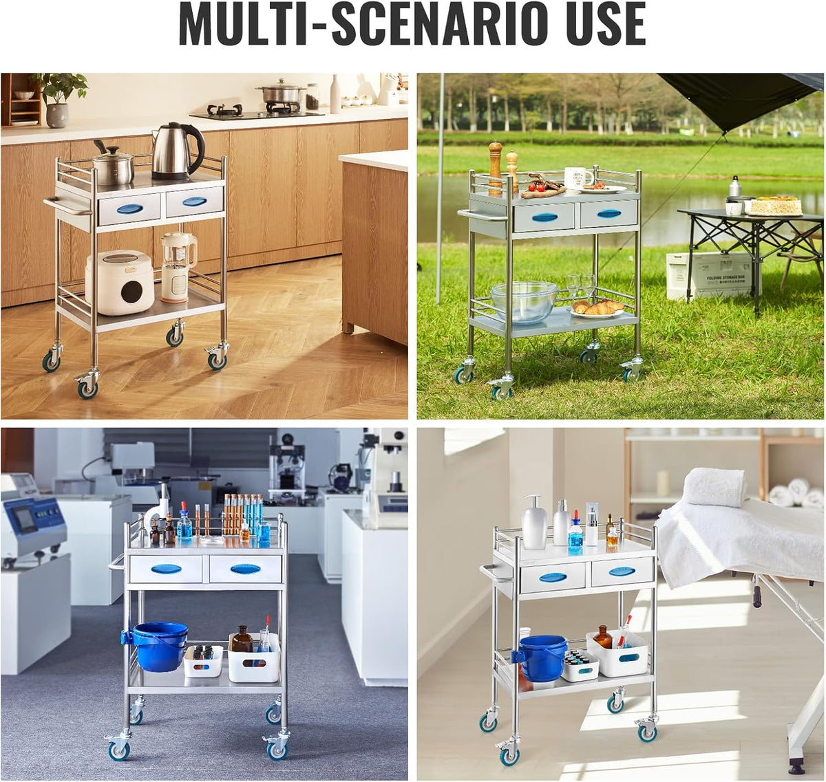 VEVOR Medische trolley met 2 lagen en 2 laden, 59,9 x 42,9 x 85,1 cm, laboratoriumwagen van roestvrij staal, metalen wagen met 4 omnidirectionele wielen voor klinieken, spa en hotels