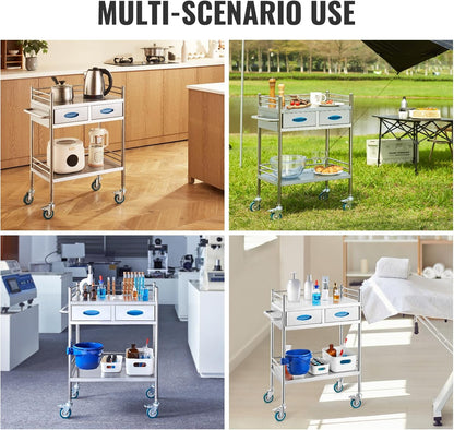 VEVOR Medische trolley met 2 lagen en 2 laden, 59,9 x 42,9 x 85,1 cm, laboratoriumwagen van roestvrij staal, metalen wagen met 4 omnidirectionele wielen voor klinieken, spa en hotels