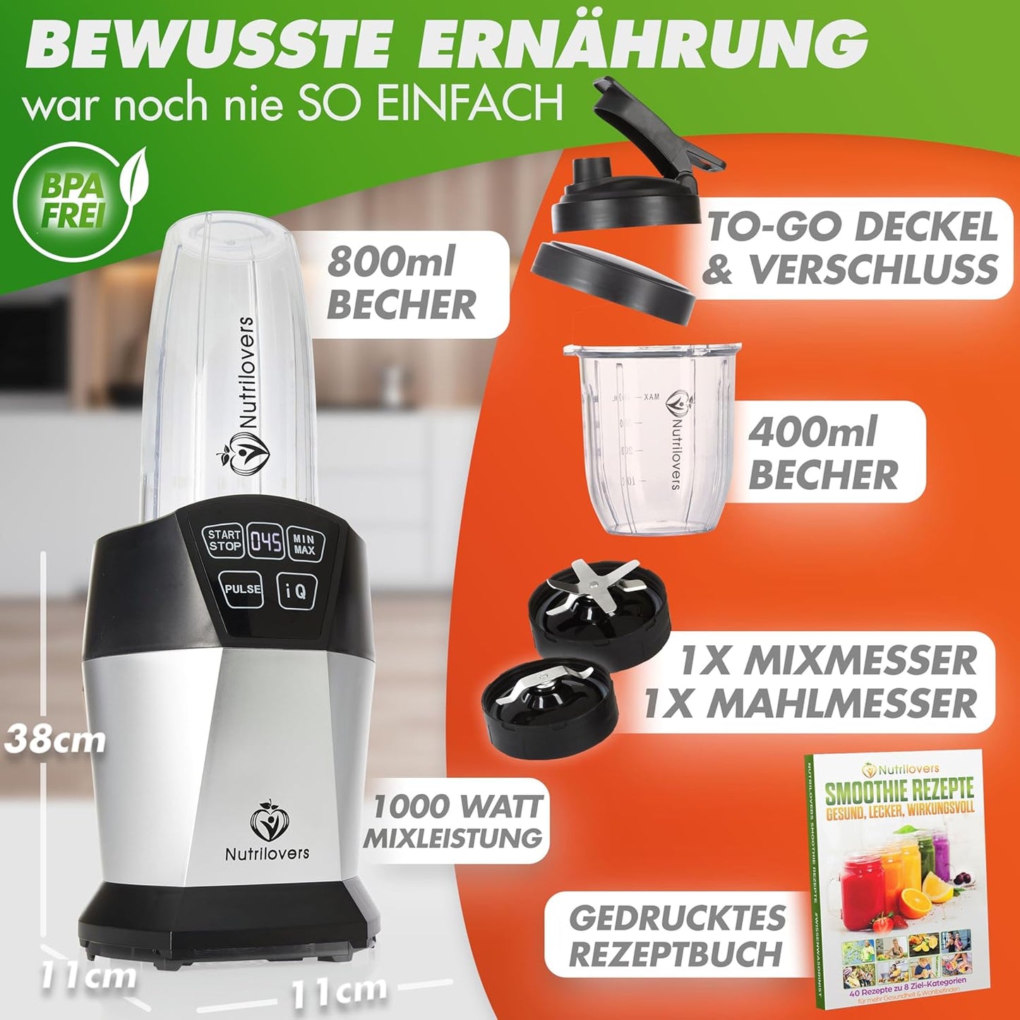 Nutri-Blender Smoothiemaker "Mix & Go" 1000 Watt Mini Mixer met Auto-IQ, BPA-vrij, Incl. Receptenboek, 2x Mok en To Go Deksel
