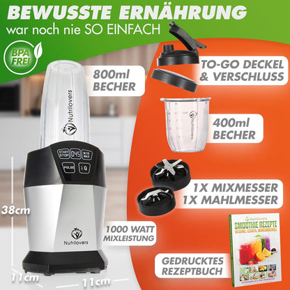 Nutri-Blender Smoothiemaker "Mix & Go" 1000 Watt Mini Mixer met Auto-IQ, BPA-vrij, Incl. Receptenboek, 2x Mok en To Go Deksel