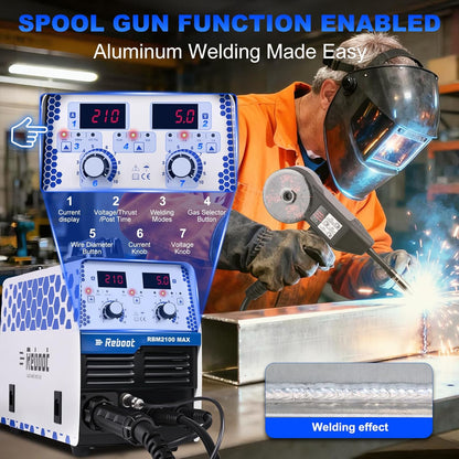 REBOOT 210A 6-in-1 MIG-laser, 220 V, gasloze flux core MIG/elektroden/lift TIG/puntlassen, aluminium multiproces met led-display, compatibel met spoel-gun, RBM2100 MAX