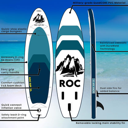 Roc Opblaasbaar Stand Up Paddle Board (6 inch dik) met premium SUP-accessoires Heavy Duty Comfort Rugzak Kajakbevestiging en meer | Wide Stance Non-Slip Deck