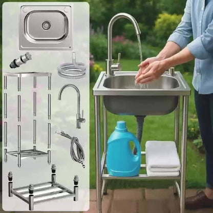 Single Bowl Kitchen Sink, Freestanding Garden Outdoor Sink, Movable Stainless Steel Sink, Essential Sink for Rentals, Sink with Hot And Cold Water Faucet, Suitable for Restaurants, Gardens, Garages, And Camping