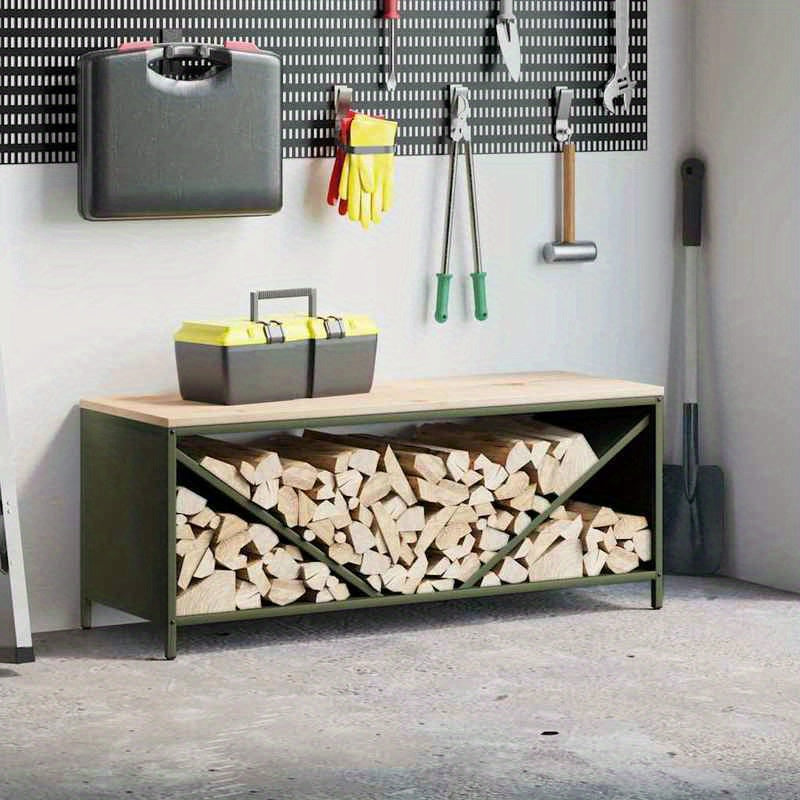 Houtopslag – Brandhoutrek – Haardhoutrek – Houtberging – Haardhoutopslag – Roestvrijstalen Frame – Uittrekbaar Ontwerp 100,5x35,5x40 cm – Weerbestendig Buitengebruik – Olijfgroen Houten Blad
