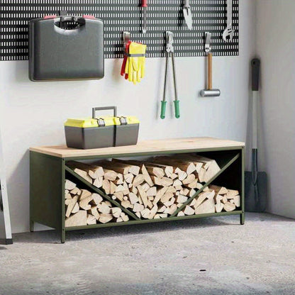 Houtopslag – Brandhoutrek – Haardhoutrek – Houtberging – Haardhoutopslag – Roestvrijstalen Frame – Uittrekbaar Ontwerp 100,5x35,5x40 cm – Weerbestendig Buitengebruik – Olijfgroen Houten Blad