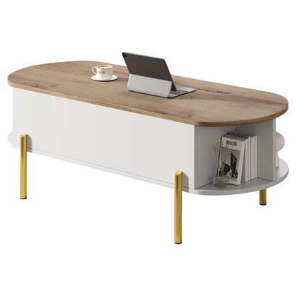 Salontafel – Koffietafel – Bijzettafel – Woonkamertafel – Verstelbare Tafel – Verstelbaar Hoogte – Uitbreidbaar Tafelblad – 7 Opbergrekken – Wit/Geel Metalen Frame
