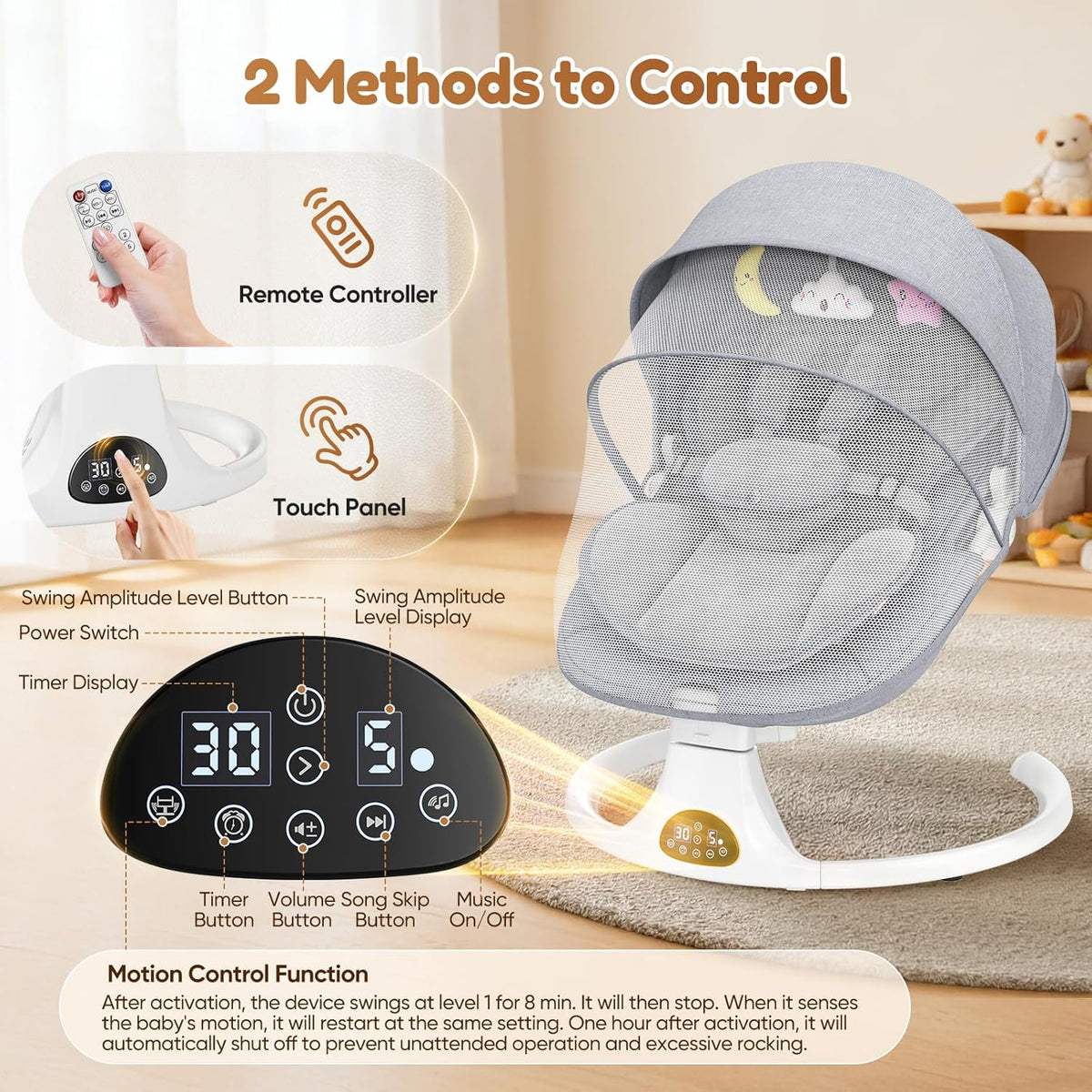 Babyschommel voor baby's tot peuter, elektrische pasgeboren schommel met 5-versnellingen, 3-zitplaatsen, 5-punts karabijnhaak, met Bluetooth-muziek, 10-vooraf ingestelde melodieën, binnen en buiten - QUORE