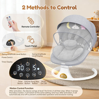 Babyschommel voor baby's tot peuter, elektrische pasgeboren schommel met 5-versnellingen, 3-zitplaatsen, 5-punts karabijnhaak, met Bluetooth-muziek, 10-vooraf ingestelde melodieën, binnen en buiten - QUORE