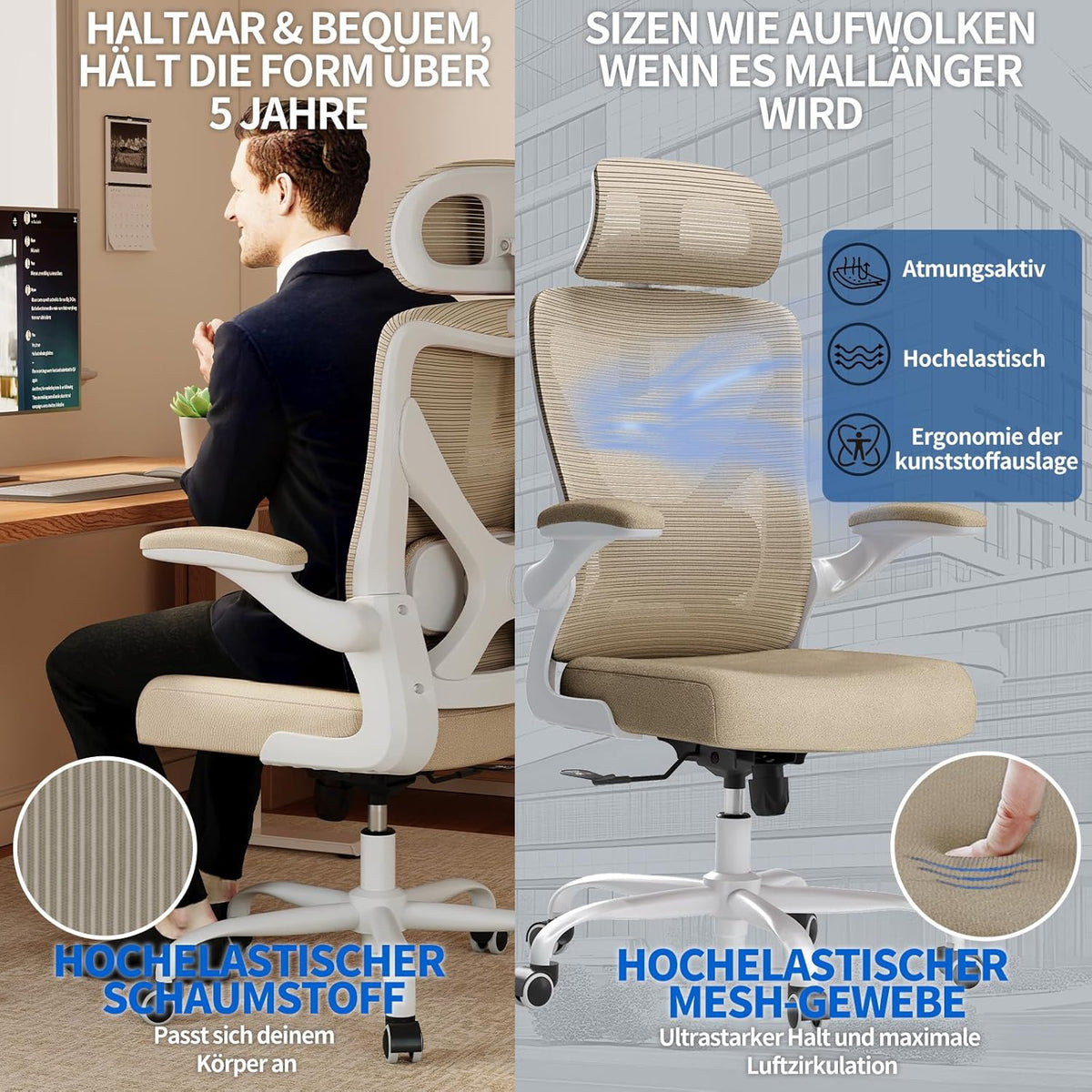 TRALT Bureaustoel - Ergonomische bureaustoel met verstelbare lendensteun hoofdsteun Office Desk Chair - Gaming stoel in X-vorm bureaustoel - Bureaustoelcomputerstoel 150kg Khaki