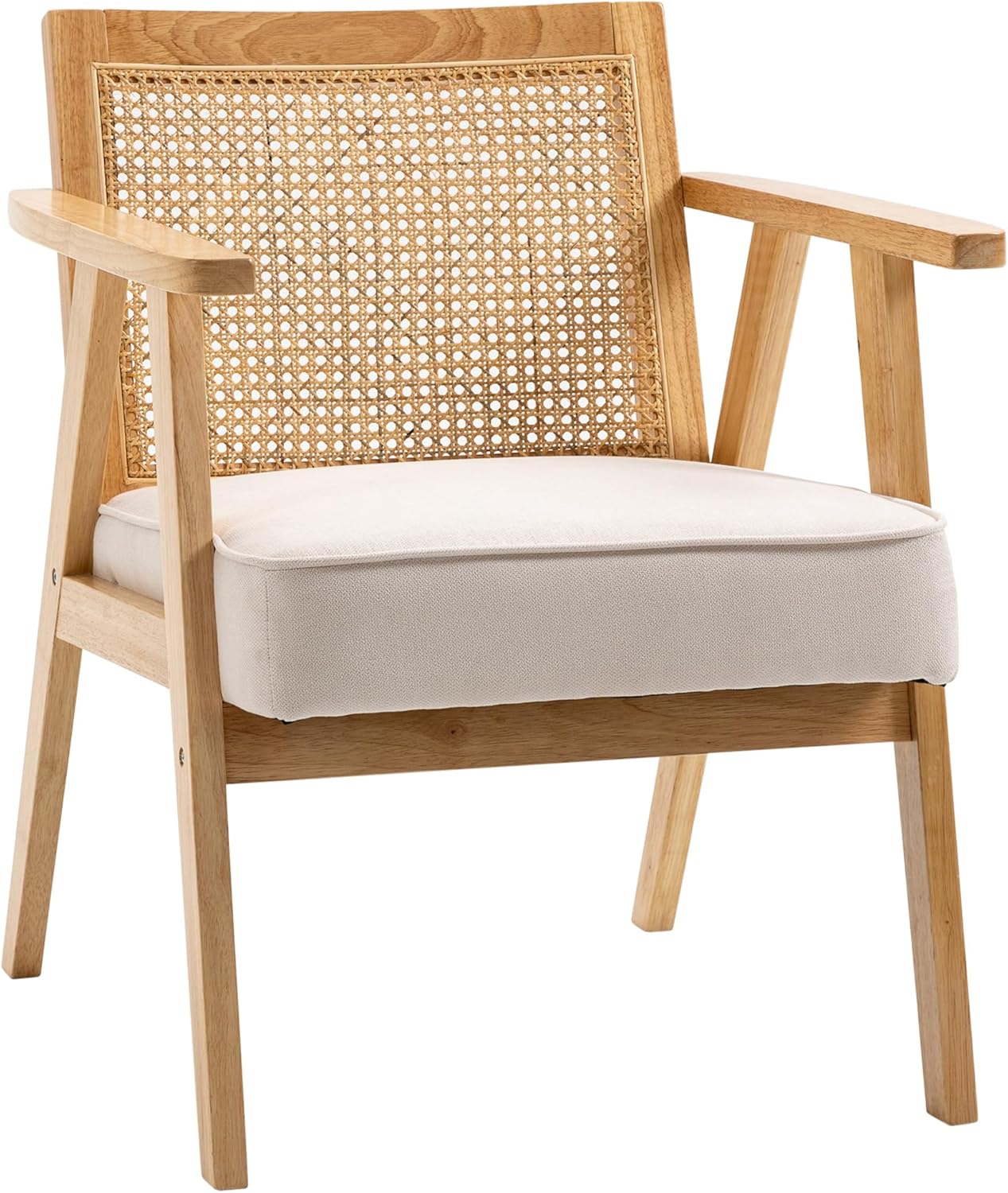 HOMCOM Sessel Wohnzimmer Relaxsessel mit Armlehnen, Sitzkissen, Loungesessel mit Rattan-Rückenlehne, Lesesessel mit Leinen-Optik, Holzrahmen, Polstersessel für Schlafzimmer Creme - QUORE