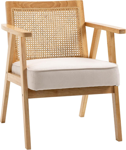 HOMCOM Sessel Wohnzimmer Relaxsessel mit Armlehnen, Sitzkissen, Loungesessel mit Rattan-Rückenlehne, Lesesessel mit Leinen-Optik, Holzrahmen, Polstersessel für Schlafzimmer Creme - QUORE