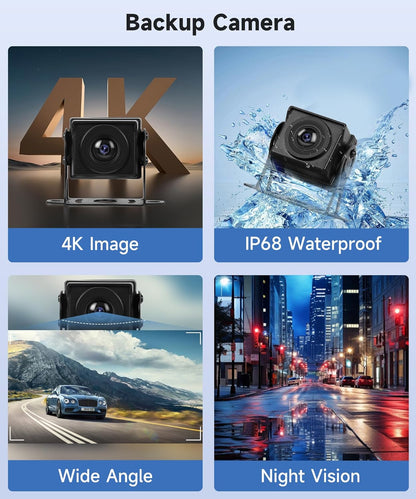 4K achteruitrijcamera 4 camera's set met draadloze Carplay Android Auto, 10,36 inch monitor 4 gesplitste schermen, Bluetooth/FM-zender/Loop Video/WiFi Video/Parkeermonitor voor Truck/Bus/Van/Caravan