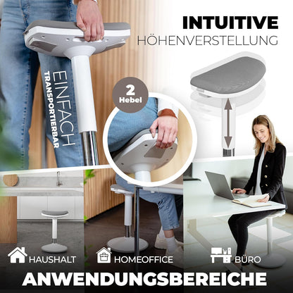 Ergonomische Kruk – Kantoorkruk – Zadelkruk – Staande Kruk – Bureaukruk – Wit – Twee Zitposities – In Hoogte Verstelbaar