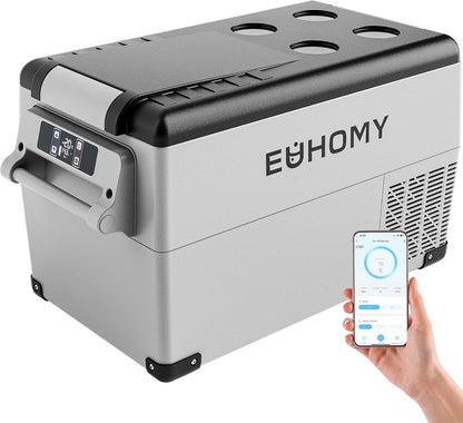 EUHOMY Compressor-koelbox, 30,6 liter, 12 V/24 V DC, koel-vriescombinatie (-20 °C ~ 20 °C) met app en lcd-display, draagbare campingkoelkast voor camper, auto, boot, 3-traps batterijbescherming (ECO