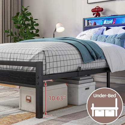 Bed van metaal en hout, 90 x 200 cm, met lattenbodem, USB-oplaadfunctie type C, hoofdeinde met opbergruimte, voor gasten of jongeren, zwart