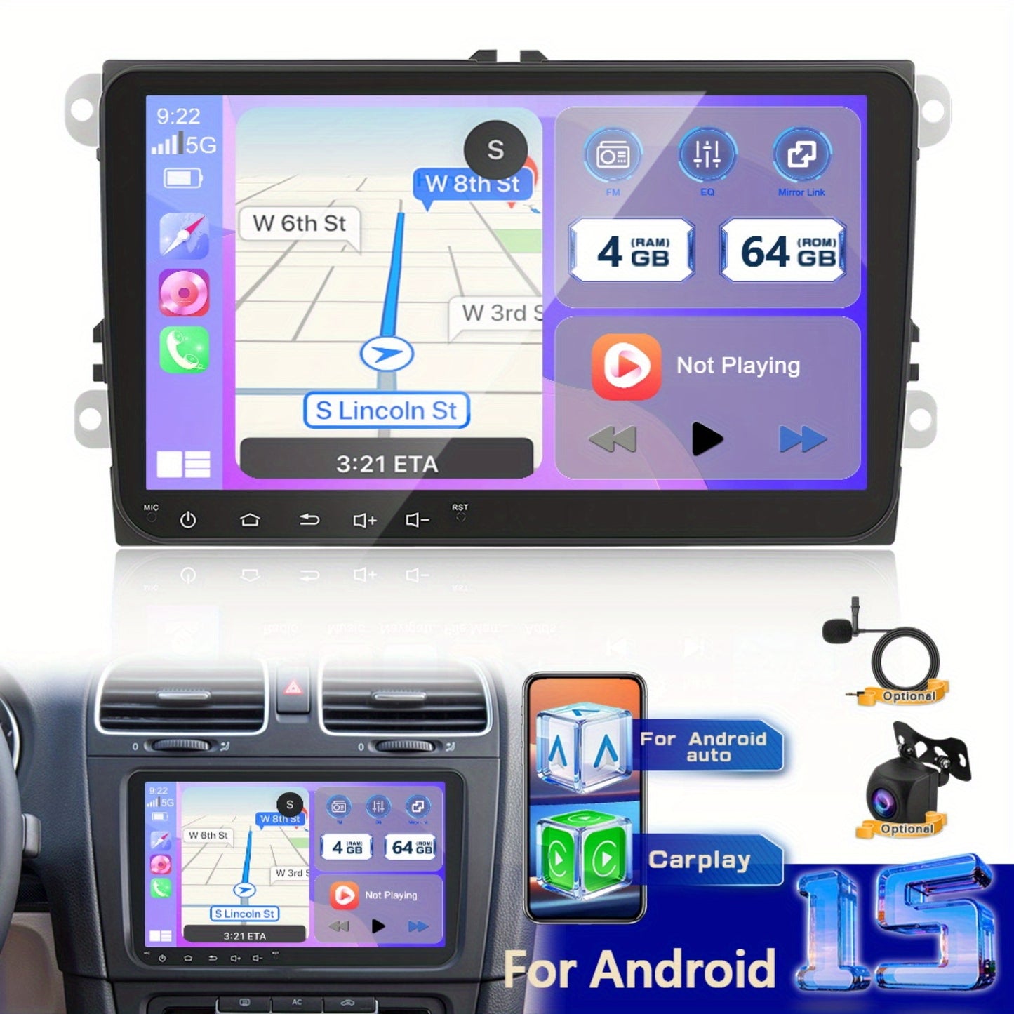 PODOFO 22.86cm Android 15 Car Radio for VW Golf, Tiguan, Caddy, Touran, Seat - 8Core/4G, 64GB, Wireless CarPlay, GPS, WiFi, 2 USB Ports, AHD Reversing Camera, Split Screen, 4K Video Support, Vehicle Audio Upgrade, Modern Car