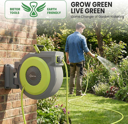 Intrekbare tuinslanghaspel wandmontage, zware waterslanghaspel 40 m+2 m, met 9 patronen slangmondstuk, langzaam retoursysteem, elke lengte slot, 180 ° draaibare beugel
