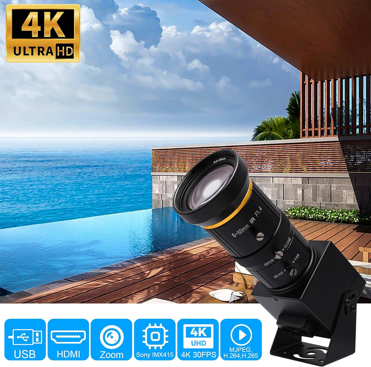 Svpro 4K HDMI-camera, USB-camera met 5-50 mm telelens, handmatige focus, streaming, webcam, H.264, H.265 zoom, industriële camera voor computer/monitor/tv/projector, 10x optische zoom en 2x digitale