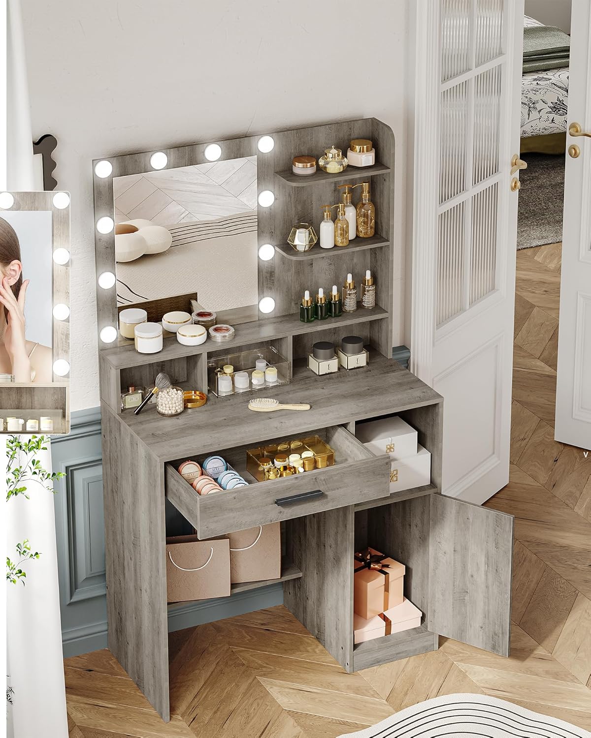 Hzuaneri Dressing Table with Mirror and 10 Led Lighting,with 3 Shelves & 4 Open Compartments, Dressing Table with Large Drawer & Cabinet, 3 Adjustable Luminosity, GreigeVT08105X