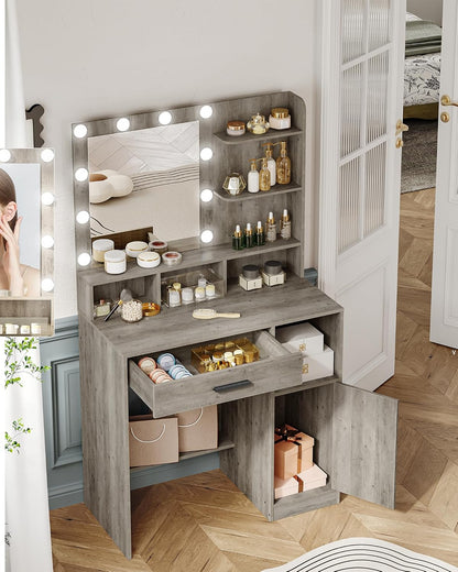 Hzuaneri Dressing Table with Mirror and 10 Led Lighting,with 3 Shelves & 4 Open Compartments, Dressing Table with Large Drawer & Cabinet, 3 Adjustable Luminosity, GreigeVT08105X