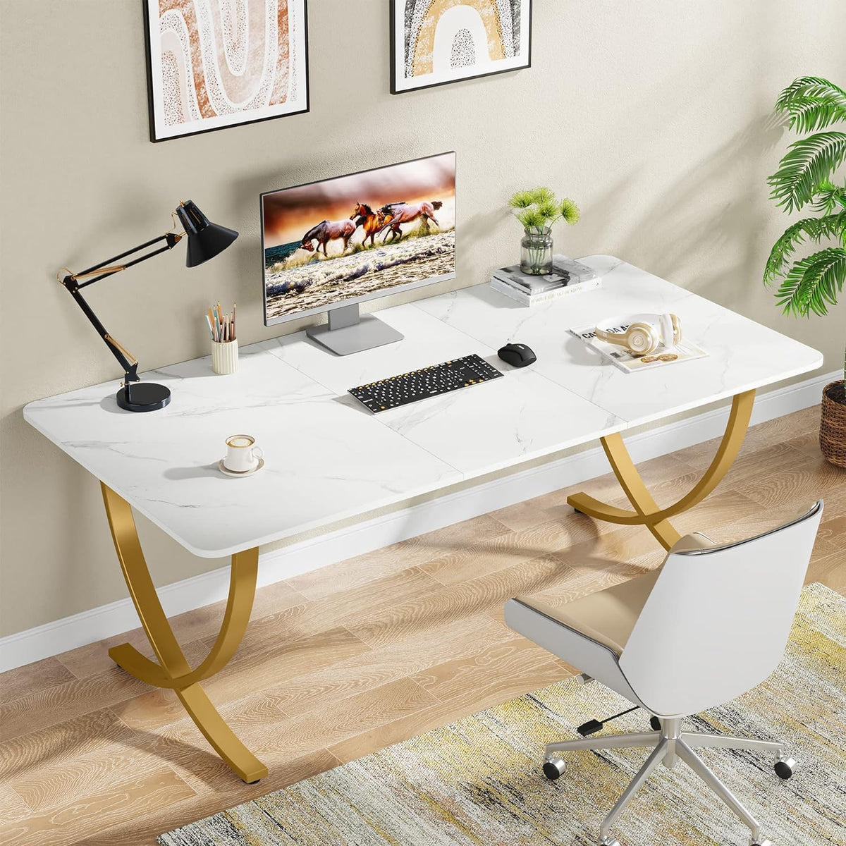 Tribesigns Desk, Computer Table, 160 x 80 x 75 cm, Modern PC Table, Work Table, Dining Table with Artificial Marble Tabletop and Metal Legs for Home Office, Conference Table, White and Gold